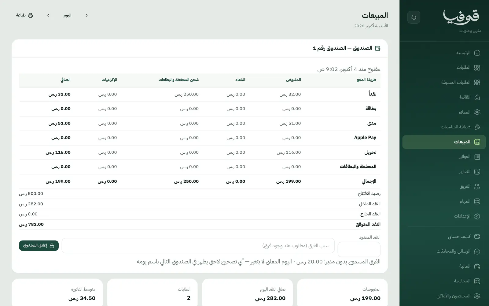 «المبيعات»: الصندوق بطرق الدفع من نقد ومدى وApple Pay، والنقد المتوقع في الدرج قبل «إغلاق الصندوق»