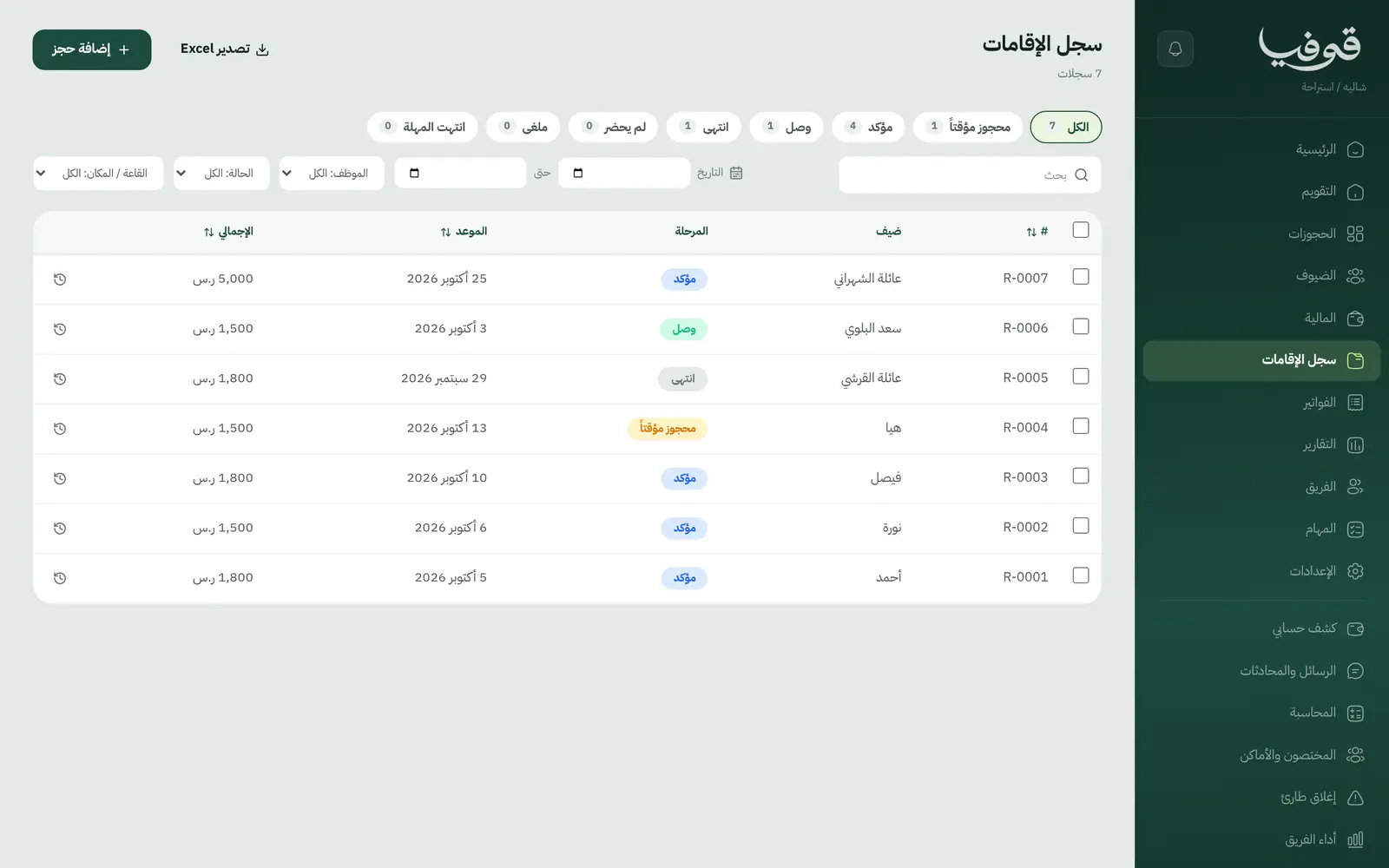 «سجل الإقامات»: كل حجز بمرحلته من «محجوز مؤقتاً» إلى «انتهى»، مع البحث والفلاتر والتصدير إلى Excel