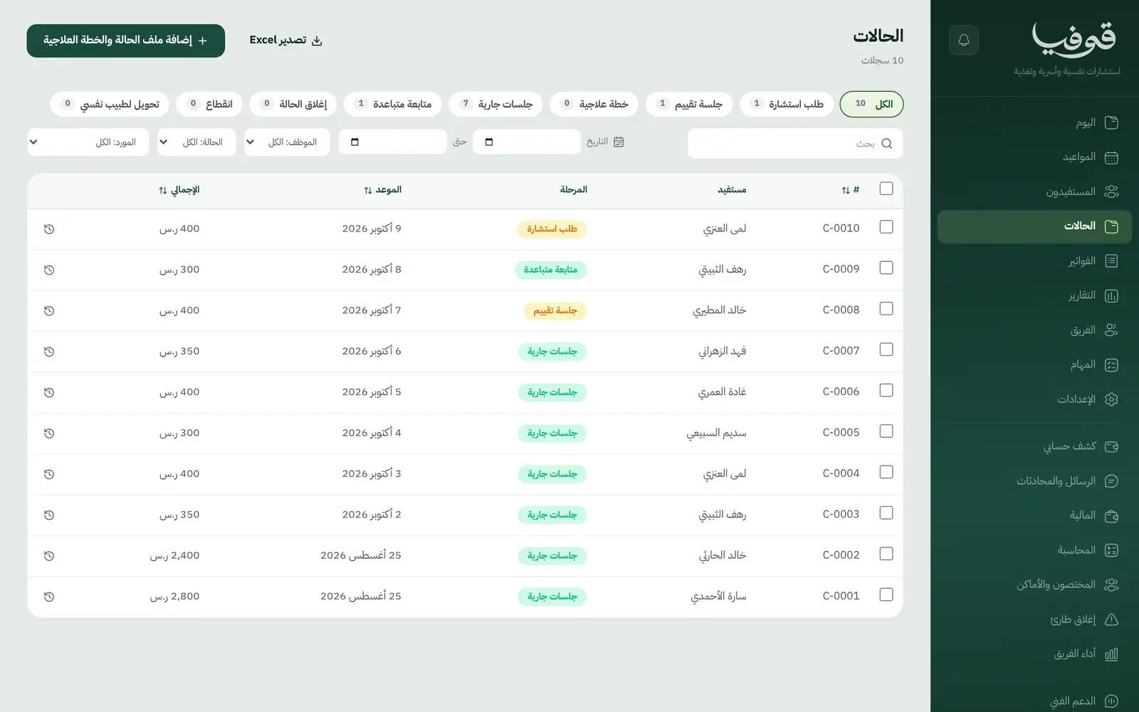 «الحالات»: كل حالة بمرحلتها من طلب الاستشارة والتقييم إلى الجلسات الجارية والمتابعة والإغلاق