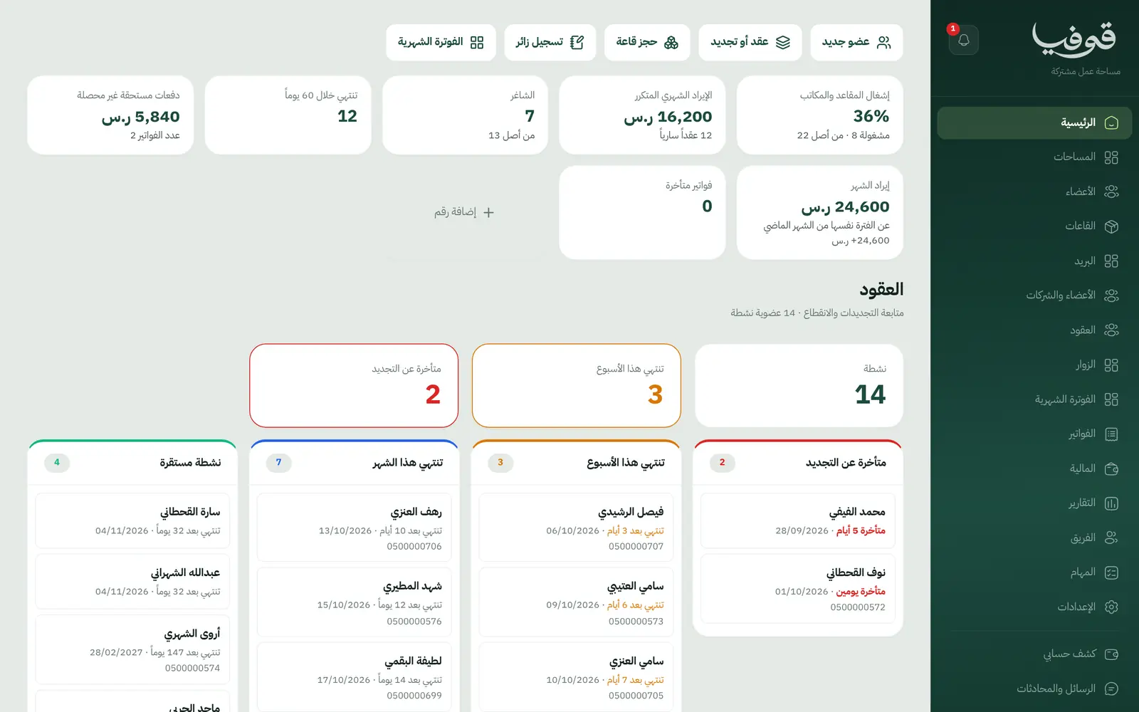 برنامج إدارة مساحات الأعمال: مقاعد ومكاتب وقاعات وفوترة شركات