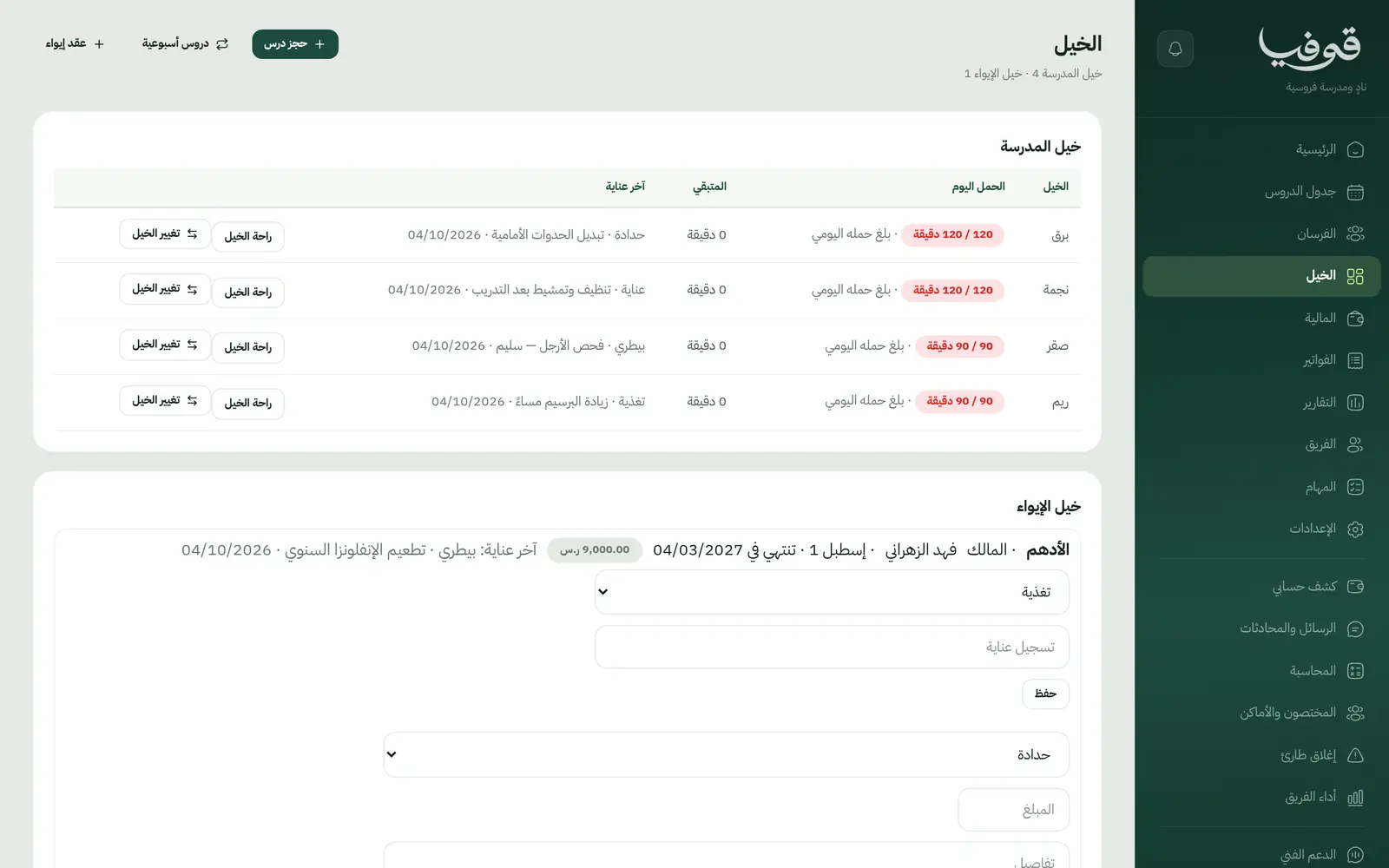 «الخيل»: حمل كل خيل اليوم من الدقائق والمتبقي له وتنبيه حين يبلغ حده، وخيل الإيواء بعقدها وسجل عنايتها
