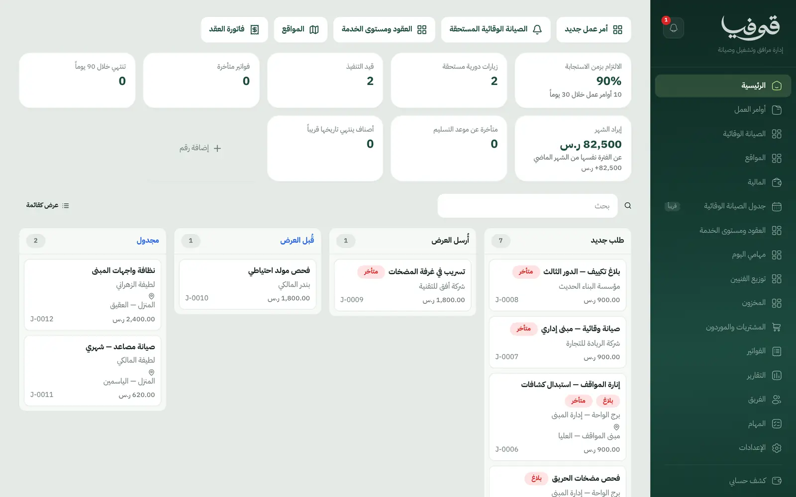 «الرئيسية»: الالتزام بزمن الاستجابة والزيارات الدورية المستحقة، وأوامر العمل في أعمدة من «طلب جديد» إلى «مجدول»