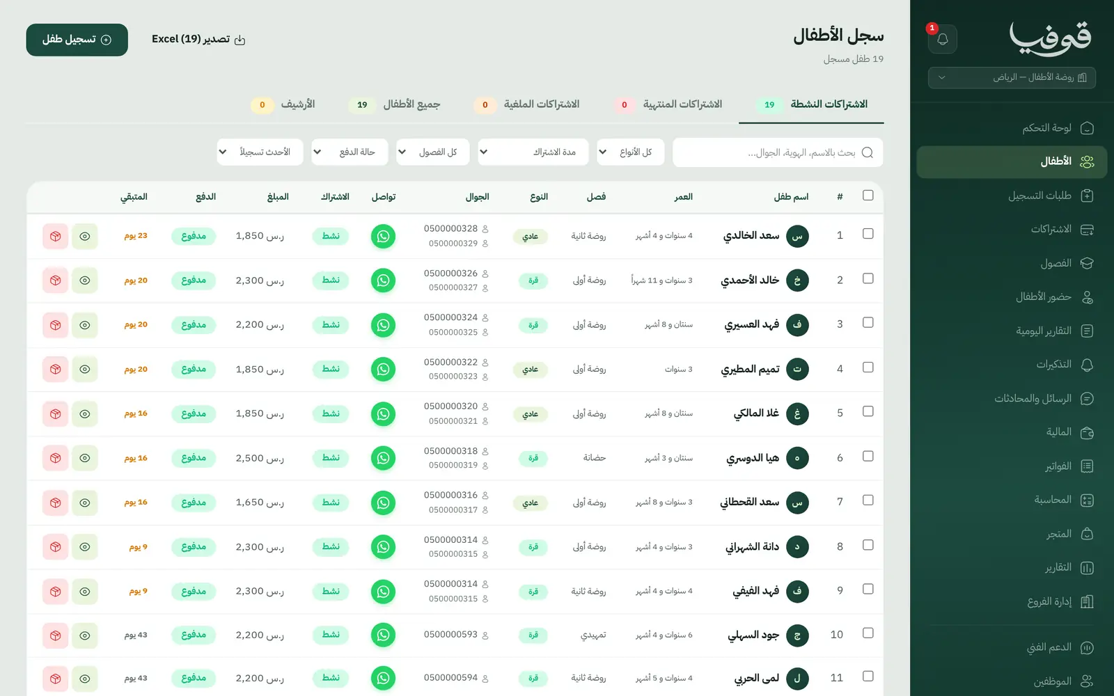 Children register: class, subscription, payment status and days left per child, and parents on WhatsApp