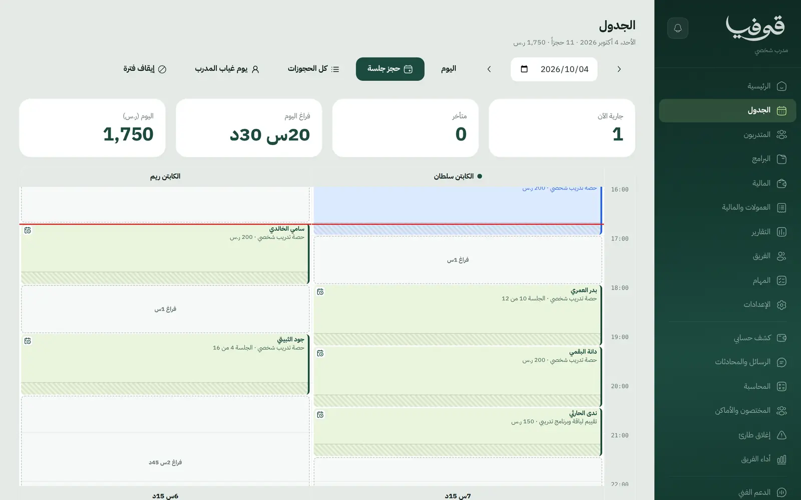 «الجدول»: عمود لكل كابتن بفراغاته، وحصة الباقة تذكر رقمها فيها فتعرف متى يحين تجديد المتدرب