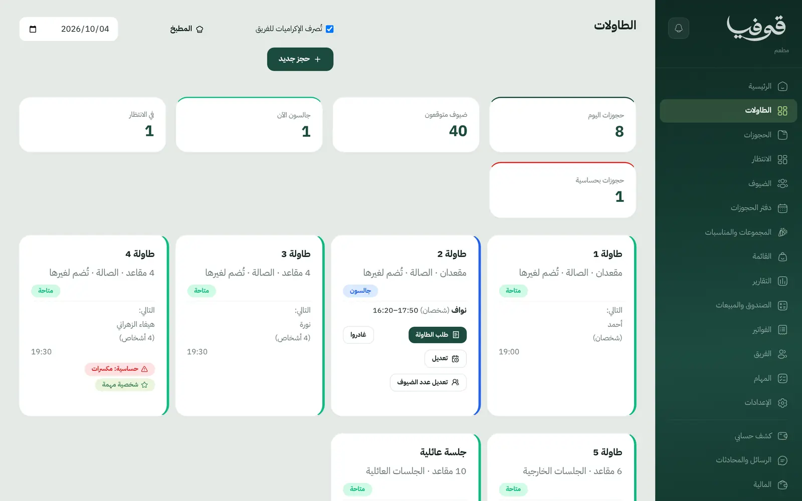 «الطاولات»: كل طاولة متاحة أو جالسة ومن التالي عليها وموعده، مع تنبيه الحساسية وعلامة الضيف المهم