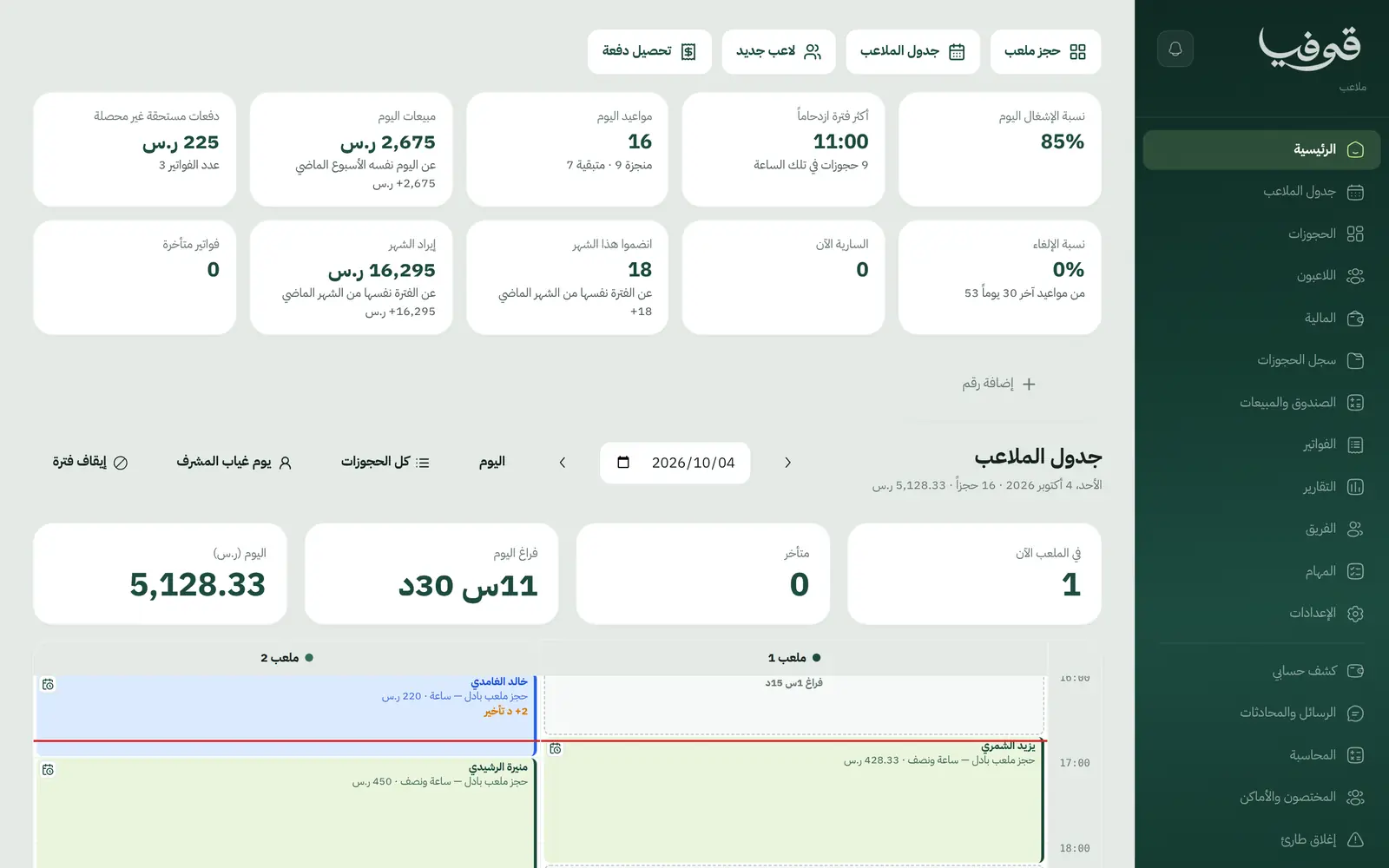 Home: court occupancy, the busiest hour and unpaid dues, with today's booking diary split across your courts