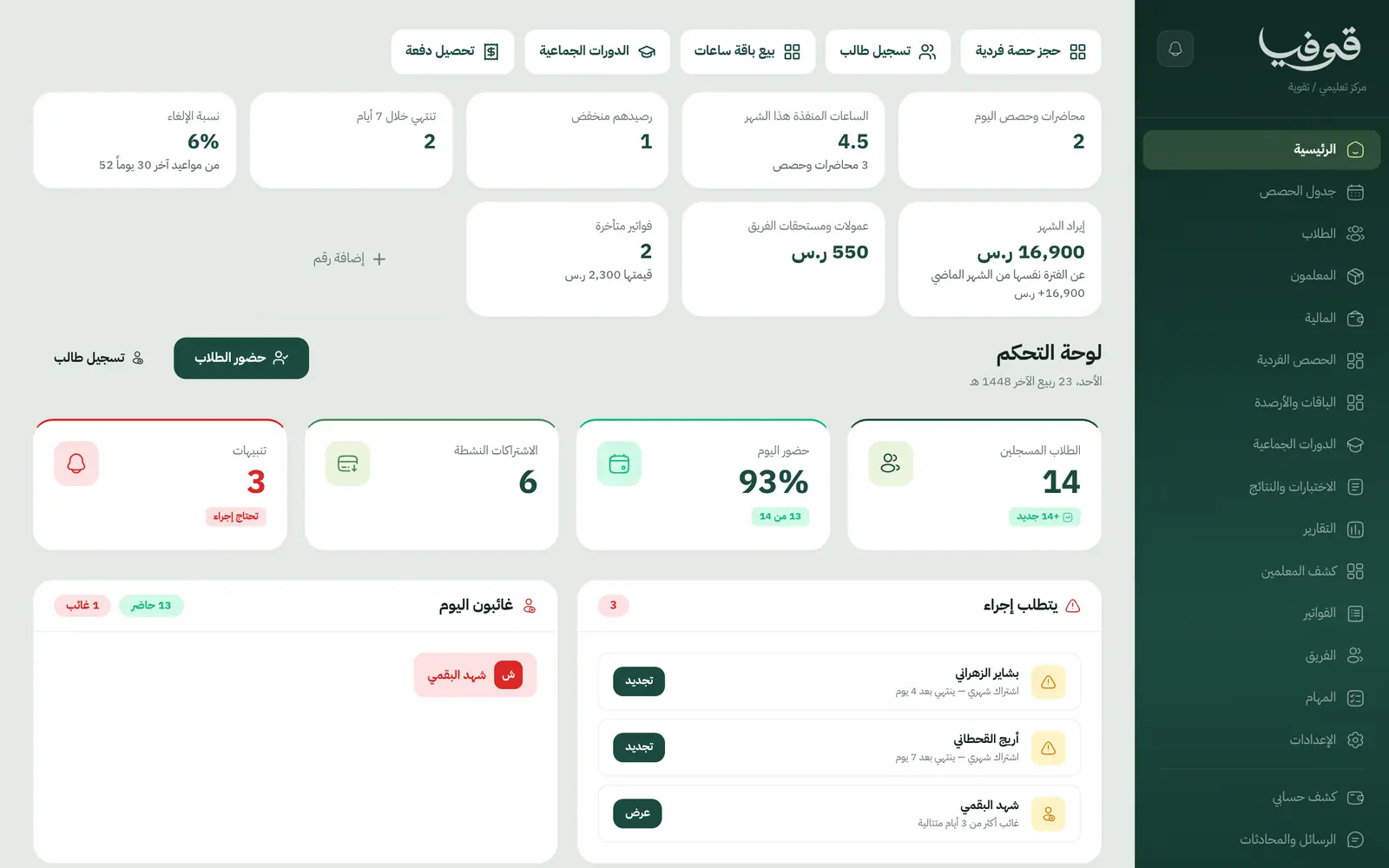 «الرئيسية»: الساعات المنفذة وعمولات المعلمين والفواتير المتأخرة، والطلاب المسجلون وحضور اليوم ومن تكرر غيابه